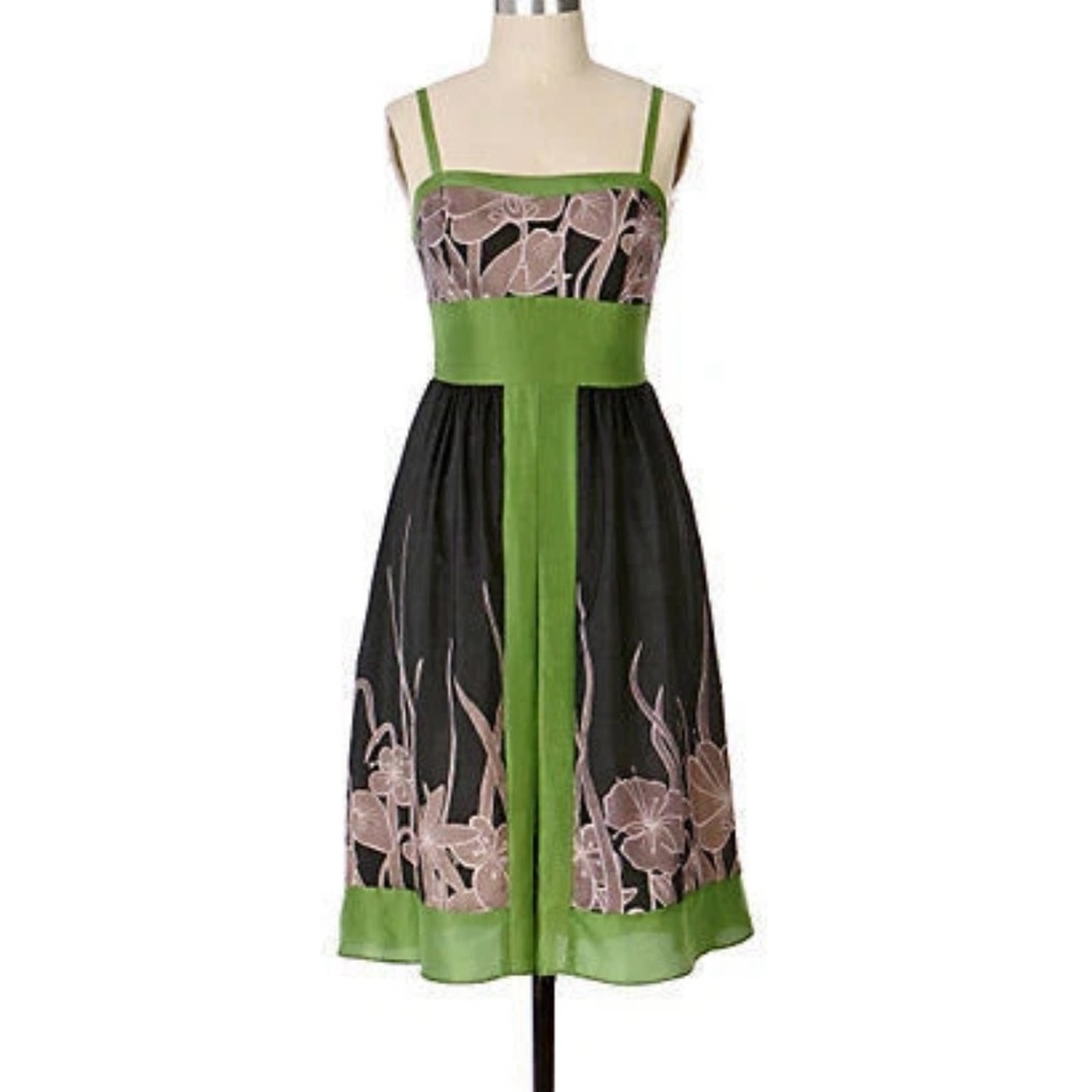 Hype by Anthropology Black and Green Floral Midi Dress size 2 100% Silk